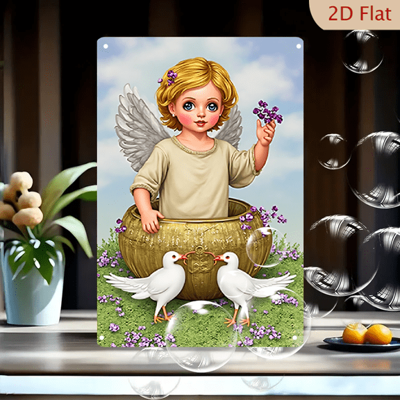 1pc Metal Wall Sign, 8x12 Inches, Cherubic Angel in Flower Pot with Doves Decorative Sign, Perfect for Spring Decor, Ideal for Home, Garden, Nursery, Cafe, Bar, and Holiday Celebrations
