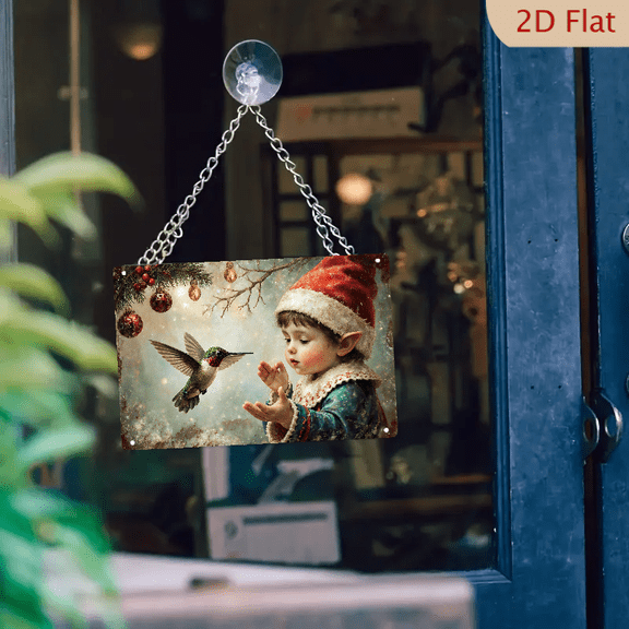 1pc Metal Wall Sign, 8x12 Inches, Christmas Hummingbird & Elf Boy Decorative Sign, Festive Xmas Tree Ornaments & Snowy Background, Ideal for Outdoor Porch, Home, Cafe, Bar, Garden