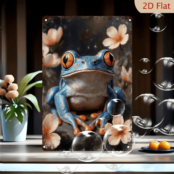 1pc Metal Wall Sign, 8x12 Inches, Colorful Blue Frog with Flowers Decorative Sign, Perfect for Home Decor, Garden, Porch, Cafe, Bar, Children’s Room