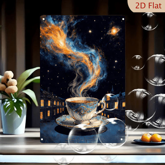 1pc Metal Wall Sign, 8x12 Inches, Cosmic Coffee Cup Decorative Sign, Stunning Galaxy Design with Whimsical Steam, Perfect for Kitchen, Coffee Shop
