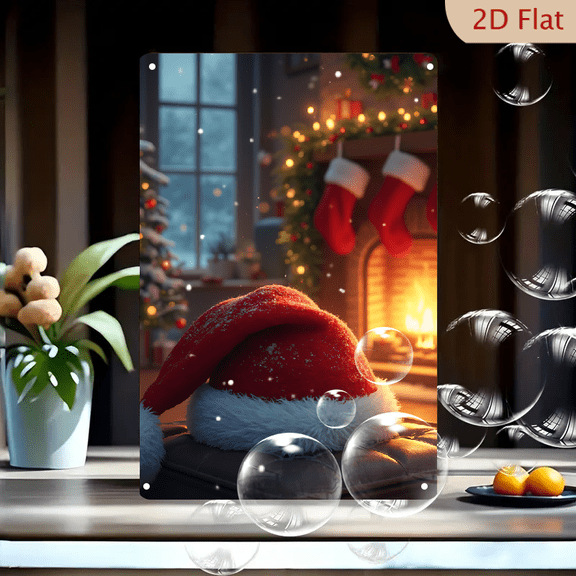 1pc Metal Wall Sign, 8x12 Inches, Cozy Christmas Santa Hat & Fireplace Scene, Falling Snow Winter Wonderland Tin Poster, Ideal for Festive Home Decor