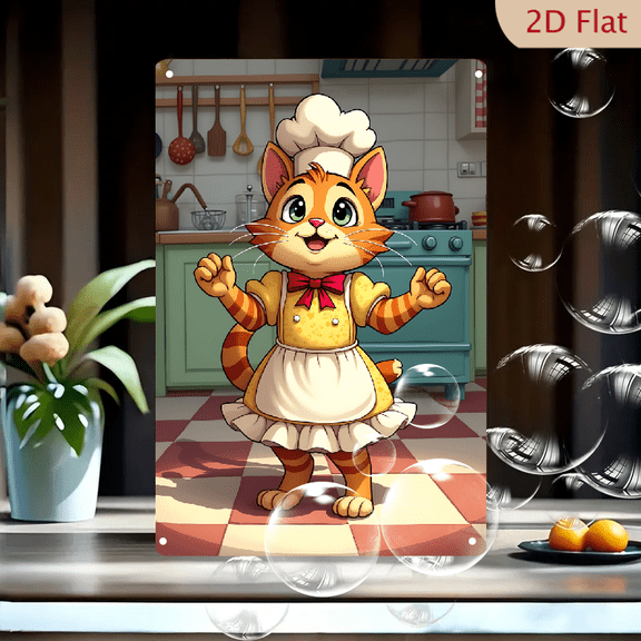 1pc Metal Wall Sign, 8x12 Inches, Cute Cartoon Cat Chef with Apron Decorative Sign, Perfect for Kitchen, Dining Room, Cafe, Bakery, Home Decor, Animal Lover Gift, Holiday Decorations