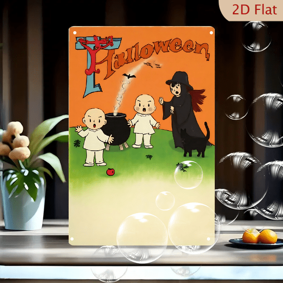 1pc Metal Wall Sign, 8x12 Inches, Cute Cartoon Halloween Scene with Kids and Witch Decorative Sign, Perfect for Indoor and Outdoor Decoration, Ideal for Halloween Parties, Home, Cafe, Bar