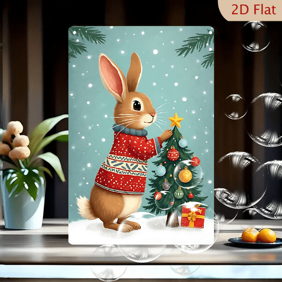 1pc Metal Wall Sign, 8x12 Inches, Cute Christmas Bunny Decorating Tree Metal Sign, Festive Rabbit in Red Sweater with Gift, Snowy Winter Scene Art, Ideal for Home, Kids Room, Living Room, Porch