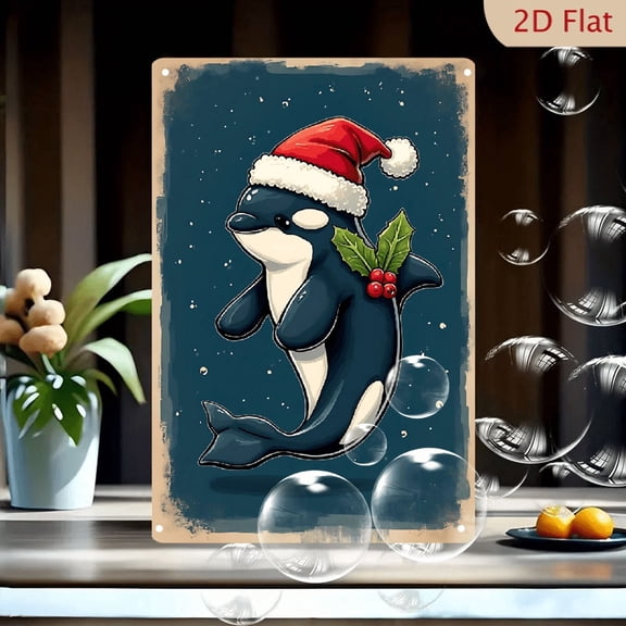 1pc Metal Wall Sign, 8x12 Inches, Cute Christmas Orca Whale Decorative Sign with Santa Hat & Holly Berries, Ideal for Home, Kids Room, Living Room, Bedroom, Cafe, Bar, Garden, Porch, Garage Decor