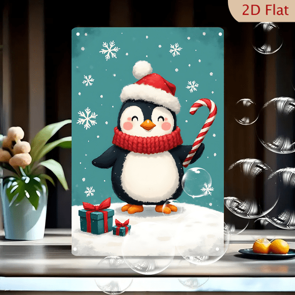 1pc Metal Wall Sign, 8x12 Inches, Cute Christmas Penguin with Santa Hat, Candy Cane & Gifts Decorative Sign, Ideal for Home, Kids Room, Porch, Office, Cafe, Bar, Garden Decor