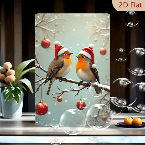 1pc Metal Wall Sign, 8x12 Inches, Cute Christmas Robins in Santa Hats on Snowy Branch with Red Ornaments Decorative Tin Sign, Festive Winter Birds Wall Art, Ideal for Home, Living Room