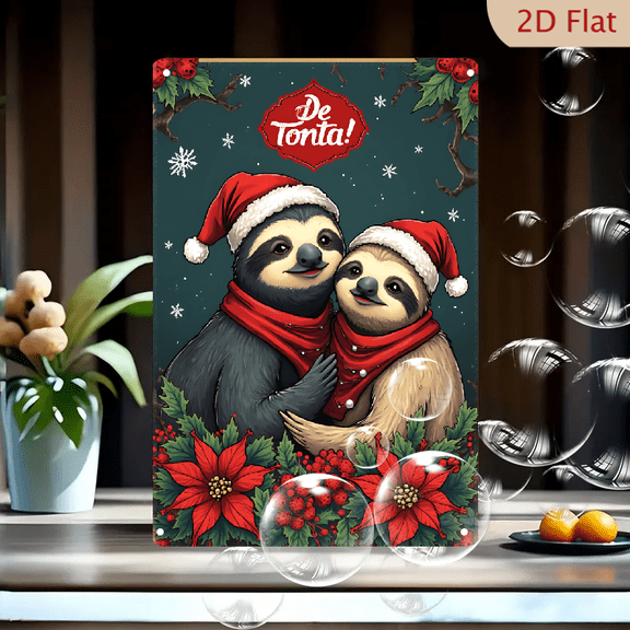 1pc Metal Wall Sign, 8x12 Inches, Cute Christmas Sloths Hugging Decorative Sign, Festive Holiday Sloth Couple with Santa Hats, Red Scarves, Poinsettias, Holly, Snowflakes