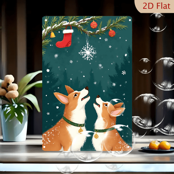 1pc Metal Wall Sign, 8x12 Inches, Cute Corgi Dogs Christmas Snow Scene Metal Sign, Featuring Two Adorable Corgis Gazing Up at Falling Snowflakes Under a Snowy Pine Branch with Red Stocking, Golden