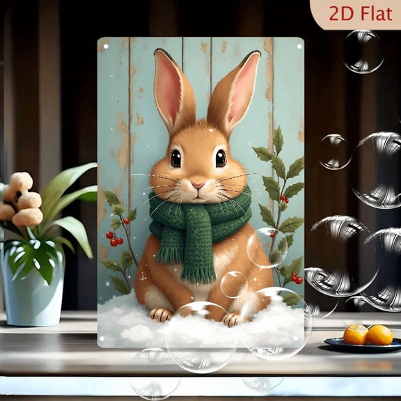1pc Metal Wall Sign, 8x12 Inches, Cute Fluffy Winter Rabbit with Green Scarf & Holly Berries Design, Festive Holiday Decor, Ideal for Outdoor, Porch, Garage, Home, Cafe, Bar, Garden Decor