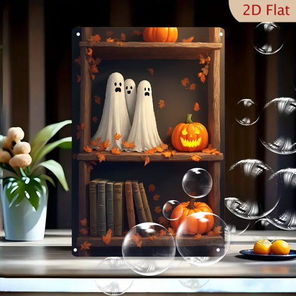 1pc Metal Wall Sign, 8x12 Inches, Cute Friendly Ghosts & Jack-O'-Lantern Pumpkin Shelf Scene with Autumn Leaves, Festive Halloween & Cozy Fall Decor, Ideal for Home