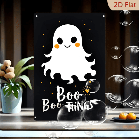1pc Metal Wall Sign, 8x12 Inches, Cute Ghost with "Boo Boo Tings" Quote Decorative Sign, Perfect for Halloween Decor, Ideal for Home, Porch, Bar, Cafe, and Garden Decorations