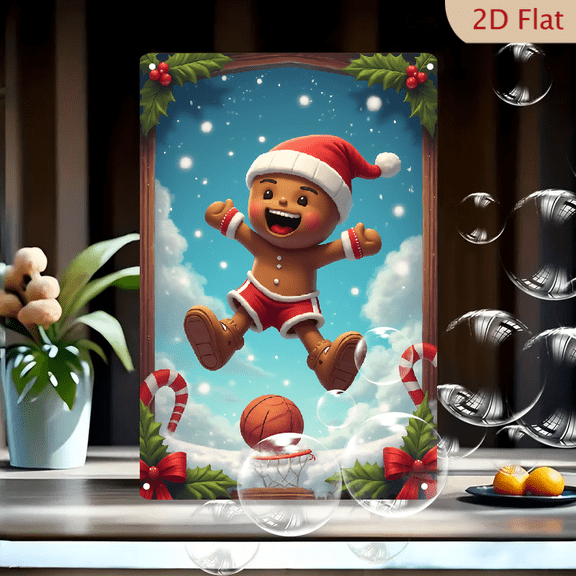1pc Metal Wall Sign, 8x12 Inches, Cute Gingerbread Man Basketball Christmas Decorative Sign, Happy Xmas Cookie Player with Santa Hat, Winter Snow Scene, Candy Cane & Holly Frame, Ideal for Home