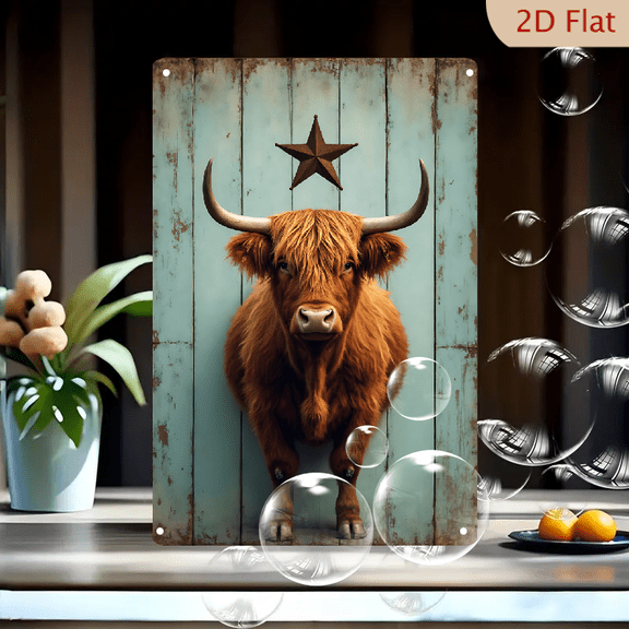 1pc Metal Wall Sign, 8x12 Inches, Cute Highland Cow Decorative Sign, Rustic Farmhouse Hairy Coo Wall Art with Blue Wood Backdrop & Metal Star, Ideal for Home, Kitchen, Living Room, Bar, Cafe,