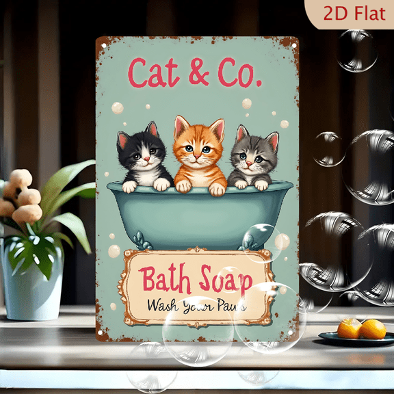1pc Metal Wall Sign, 8x12 Inches, Cute Kittens in Bathtub "Cat & Co. Bath Soap Wash Your Paws" Tin Sign, Vintage Retro Pet Lover Wall Art, Ideal for Bathroom, Laundry Room, Pet Shop, Home,