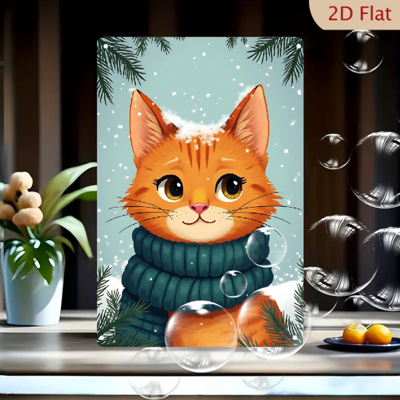1pc Metal Wall Sign, 8x12 Inches, Cute Orange Ginger Cat in Teal Scarf Winter Snow Scene Art Print, Festive Christmas Holiday Wall Decor, Charming Pet Lover Gift