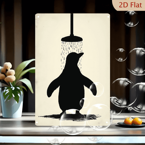 1pc Metal Wall Sign, 8x12 Inches, Cute Penguin Under Shower Decorative Sign, Perfect for Bathroom, Kitchen, Home, Cafe, Bar, Fun and Quirky Decor, Unique Gift Idea, Decorative Signs