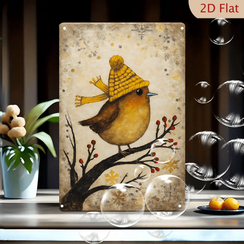 1pc Metal Wall Sign, 8x12 Inches, Cute Robin Bird in Winter Hat and ...