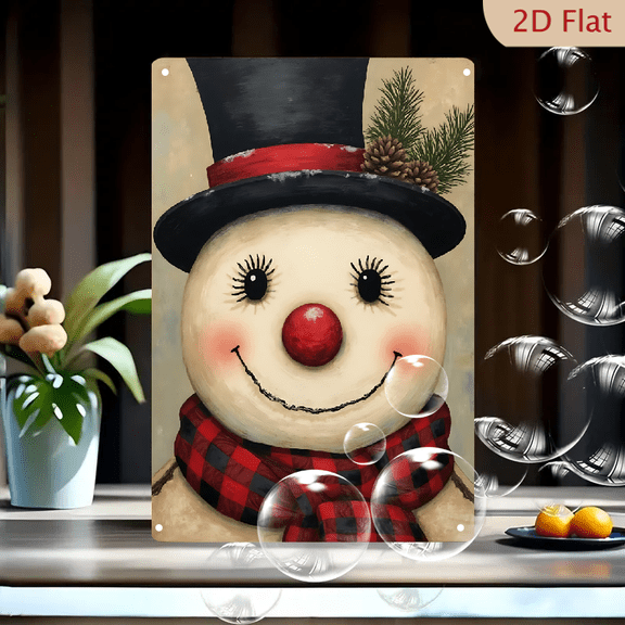 1pc Metal Wall Sign, 8x12 Inches, Cute Rustic Snowman with Black Top Hat, Pine Cones, & Red Buffalo Plaid Scarf, Merry Christmas & Winter Holiday Decoration, Ideal for Home, Porch, Garden, Cafe
