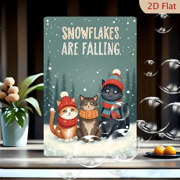 1pc Metal Wall Sign, 8x12 Inches, Cute Winter Cats in Snow Decor, "SNOWFLAKES ARE FALLING." Festive Kittens Tin Plaque, Ideal for Christmas Holiday Home Decor, Living Room, Kids Room