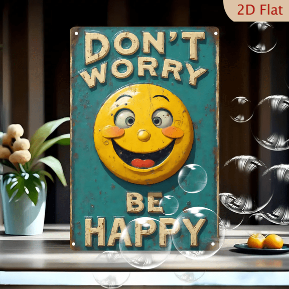 1pc Metal Wall Sign, 8x12 Inches, "Don't Worry Be Happy" Smiley Face Retro Tin Plaque, Vintage Embossed Sign for Home, Cafe, Bar, Garage, Man Cave Decor, Motivational Positive Vibes Art