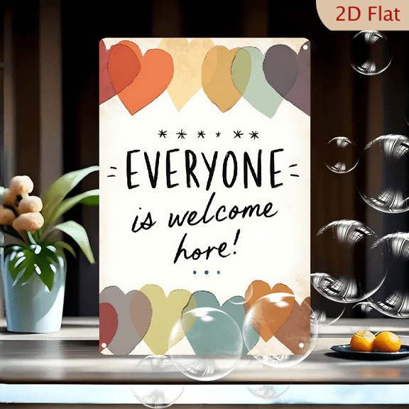 1pc Metal Wall Sign, 8x12 Inches, "EVERYONE is welcome here!" Colorful Overlapping Hearts Design, Inspirational Welcome Home Decor, Perfect for Entryway, Living Room, Bedroom, Office, Classroom,