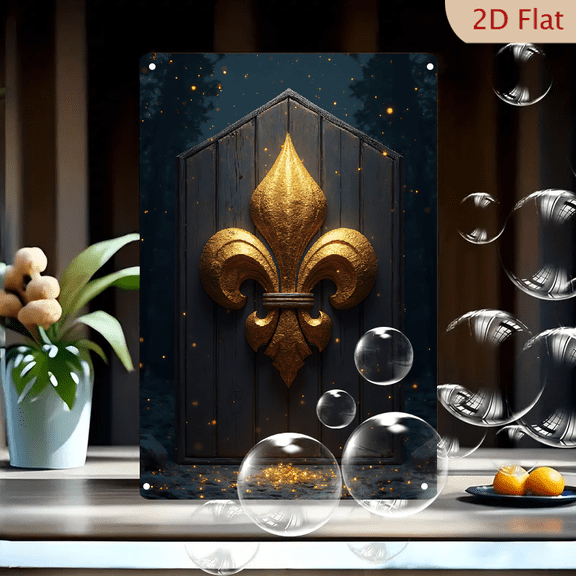 1pc Metal Wall Sign, 8x12 Inches, Elegant Golden Fleur-de-lis on Dark Rustic Wood Shield, Royal French Heraldry Decorative Plaque, Ideal for Home, Office, Bar, Cafe, Study, Den, Man Cave, Porch