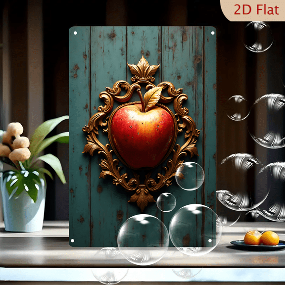 1pc Metal Wall Sign, 8x12 Inches, Elegant Golden Framed Apple Art, Autumn Harvest Thanksgiving Decor, Rustic Farmhouse Kitchen Wall Decor, Vintage Fruit Plaque for Home, Cafe, Bar