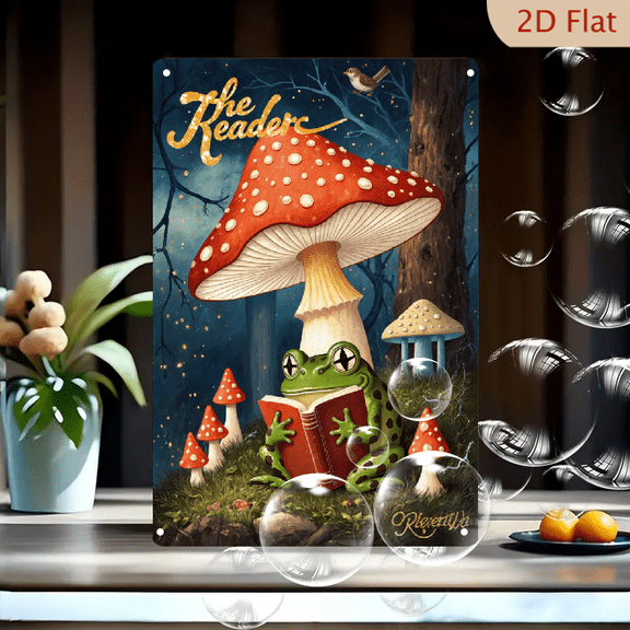 1pc Metal Wall Sign, 8x12 Inches, Enchanted Forest Frog Reading Red Book Art Print, Magical Twilight Scene with Giant Mushroom and Fireflies, Fantasy Home Decor for Living