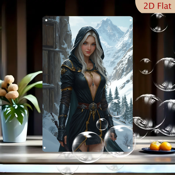 1pc Metal Wall Sign, 8x12 Inches, Enchanting Fantasy Sorceress Art, White-Haired Hooded Elf Warrior in Snowy Mountains, Elegant Black & Gold Medieval Gown, Mystical Winter Landscape Tin Poster