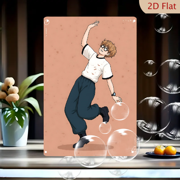 1pc Metal Wall Sign, 8x12 Inches, Energetic Anime Style Character with Glasses Dancing Pose Art, Quirky Youth Aesthetic Metal Poster, Ideal for Bedroom, Dorm Room, Living Room, Game Room, Studio,