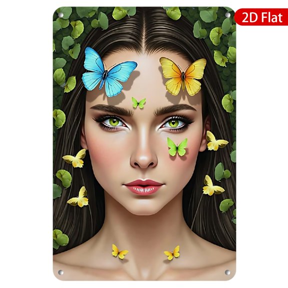 1pc Metal Wall Sign, 8x12 Inches, Featuring a Beautiful Portrait with Vibrant Butterflies and Nature Elements, Rustproof & UV Protected, Perfect for Home Decor, Art Studios, Cafes, and Feature Walls