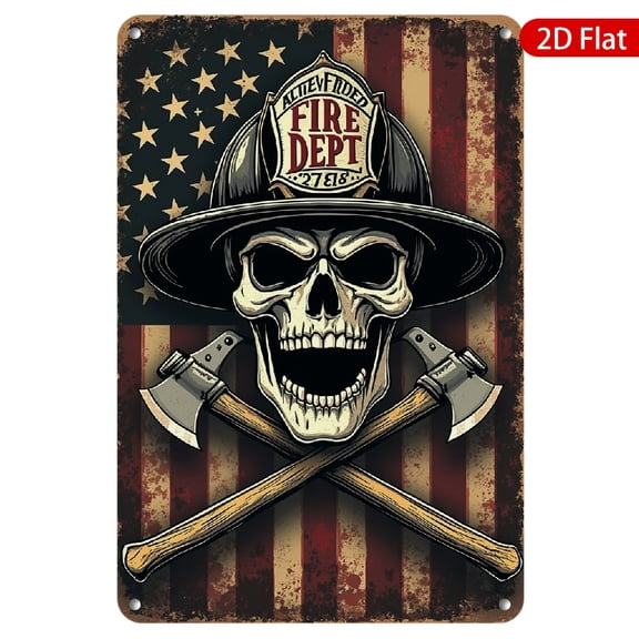 1pc Metal Wall Sign, 8x12 Inches, Featuring a Bold Skull Design with Firefighter Helmet, Crossed Axes and American Flag Background, Rustproof & UV Protected, Perfect for Garage, Man Cave, Home Bar