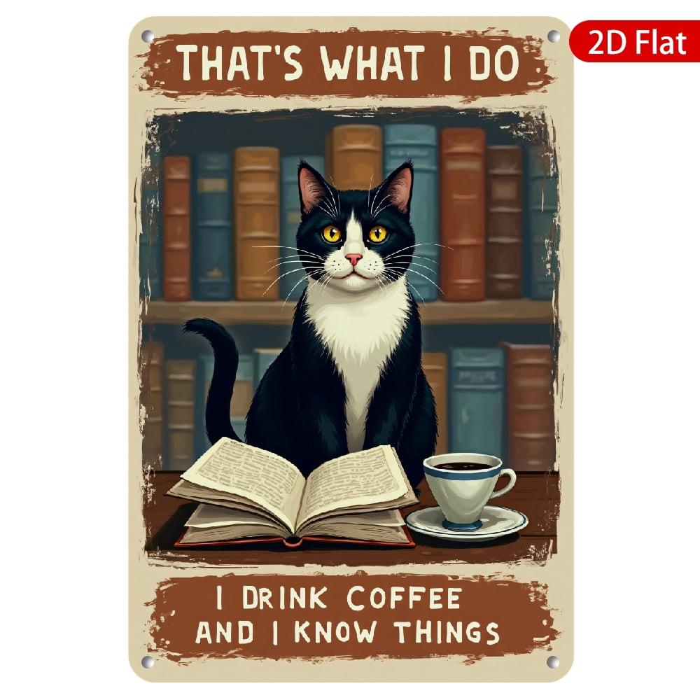 1pc Metal Wall Sign, 8x12 Inches, Featuring a Cute Cat with Coffee ...