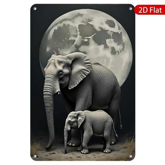 1pc Metal Wall Sign, 8x12 Inches, Featuring Majestic Elephants Under a Full Moon, Rustproof & UV Protected, Perfect for Home, Nursery, Wildlife Lover, Living Room, Office, Animal Decor