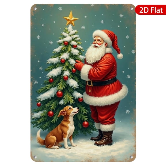 1pc Metal Wall Sign, 8x12 Inches, Featuring Santa Claus Decorating a Christmas Tree with a Dog, Rustproof & UV Protected, Perfect for Holiday Decor, Ideal for Home, Cafe, Bar, or Garden