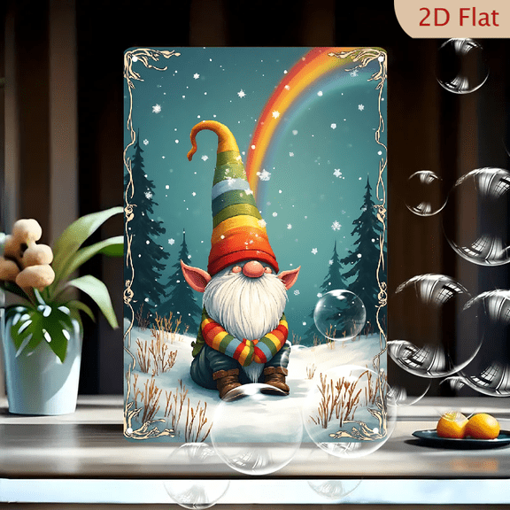 1pc Metal Wall Sign, 8x12 Inches, Festive Christmas Gnome with Rainbow Hat & Scarf, Snowy Forest & Rainbow Arch Decorative Sign, Ideal for Outdoor, Porch, Garage, Home, Cafe, Bar, Garden Decor