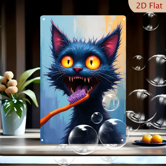 1pc Metal Wall Sign, 8x12 Inches, Funny Black Cat Brushing Teeth Decor, Halloween Quirky Cartoon Cat Plaque, Crazy Eyed Monster Kitty Tin Art, Ideal for Bathroom, Kids Room, Home, Cafe, Bar,