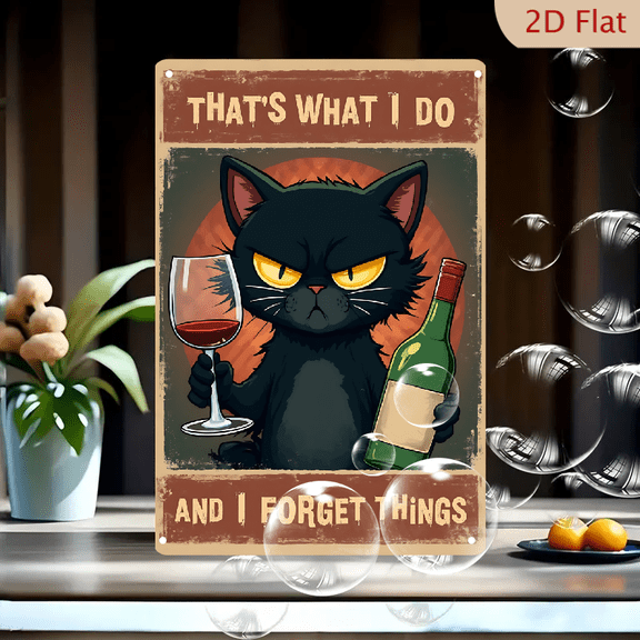 1pc Metal Wall Sign, 8x12 Inches, Funny Black Cat Drinking Wine & Forgetting Things Tin Sign, Vintage Style Humorous Quote Wall Decor "That's What I Do And I Forget Things", Ideal for Home Bar,