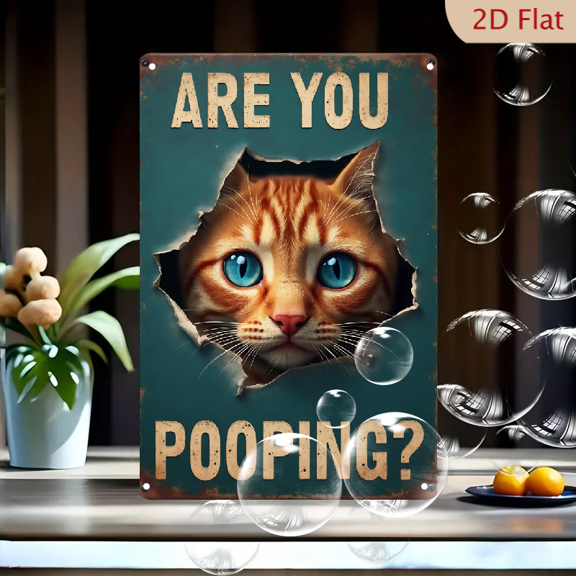 1pc Metal Wall Sign, 8x12 Inches, Funny Cat Face Decorative Sign, "Are You Pooping?" Theme, Perfect for Home, Office, Bathroom, Kitchen, Pet Lover's Gift, Unique Wall Art
