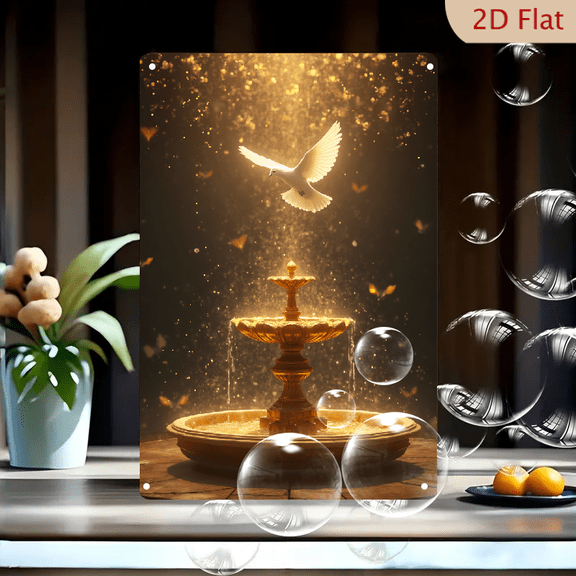 1pc Metal Wall Sign, 8x12 Inches, Golden Fountain with Flying White Dove Art Decorative Sign, Symbol of Peace, Hope, and Blessings, Elegant Sparkling Light Design, Ideal for Home, Living Room