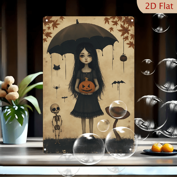 1pc Metal Wall Sign, 8x12 Inches, Gothic Girl with Pumpkin & Umbrella Halloween Decor, Vintage Spooky Skeleton & Bats Tin Sign, Eerie Autumn Fantasy Wall Art