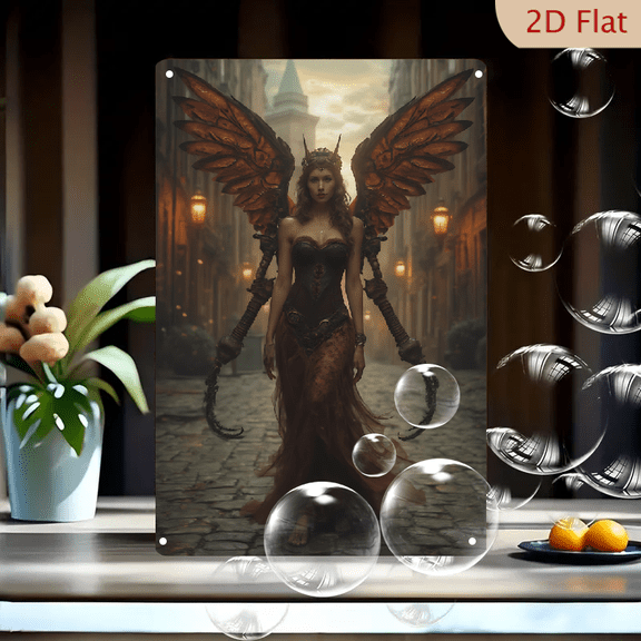 1pc Metal Wall Sign, 8x12 Inches, Gothic Steampunk Dark Angel Queen with Intricate Copper Wings & Horned Crown, Mysterious Fantasy Art Decorative Tin Sign, Ideal for Halloween Decorations, Vintage