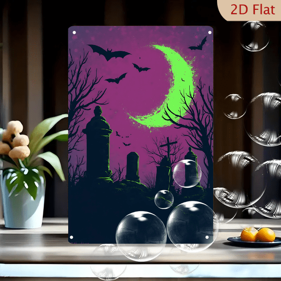 1pc Metal Wall Sign, 8x12 Inches, Halloween Cemetery Scene Decorative Sign, Featuring Spooky Gravestones and a Ghostly Moon, Perfect for Outdoor, Porch, Garage, Home, Cafe