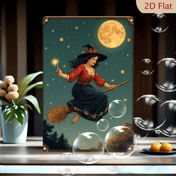 1pc Metal Wall Sign, 8x12 Inches, Halloween Enchanting Witch Flying Broomstick Decorative Sign, Vintage Full Moon Starry Night Magic Wand Art, Ideal for Outdoor, Porch, Garage, Home, Cafe, Bar,