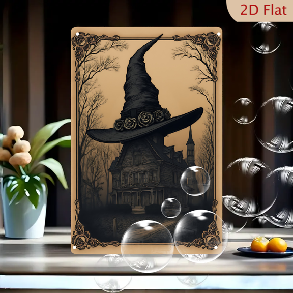 1pc Metal Wall Sign, 8x12 Inches, Halloween Gothic Witch Hat Haunted Mansion Decor, Spooky Old House, Black Witch Hat with Roses, Eerie Bare Trees, Vintage Art Tin Sign, Ideal for Outdoor