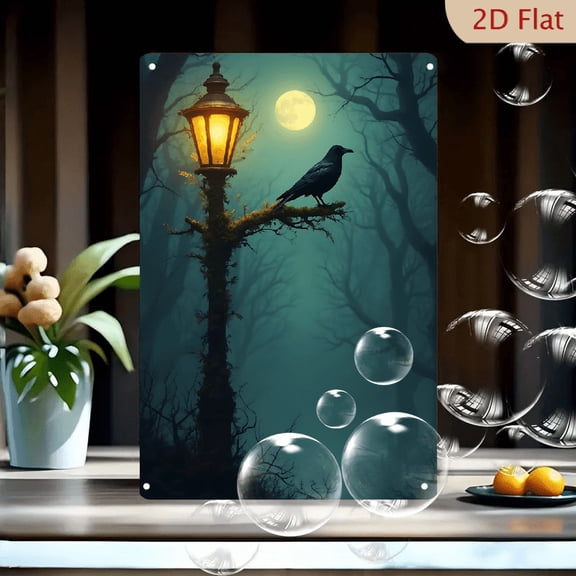 1pc Metal Wall Sign, 8x12 Inches, Halloween Mysterious Crow on Illuminated Lamp Post Under Full Moon Decorative Sign, Spooky Foggy Forest Night Theme, Ideal for Outdoor, Porch, Garage, Home, Cafe,