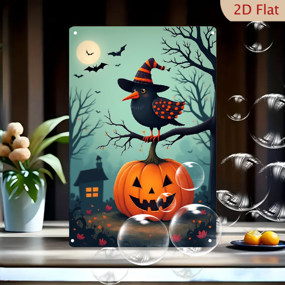 1pc Metal Wall Sign, 8x12 Inches, Halloween Pumpkin Bird Decorative Sign, Featuring a Colorful Bird on a Jack-o'-Lantern with a Moonlit Background, Perfect for Home, Cafe, Bar