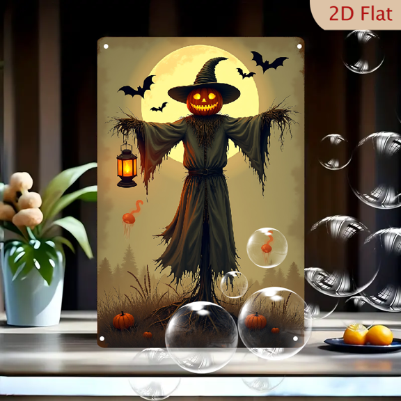 1pc Metal Wall Sign, 8x12 Inches, Halloween Scarecrow with Lantern and Pumpkin Decorative Sign, Perfect for Outdoor, Porch, Home, Cafe, Bar, Garden Decor, Fall Festival