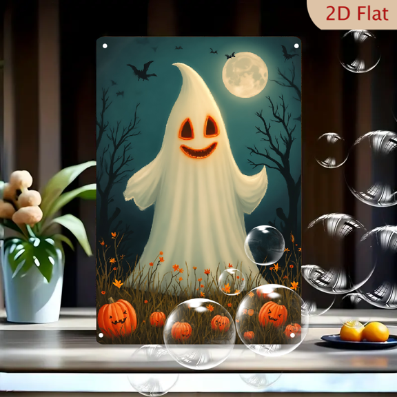 1pc Metal Wall Sign, 8x12 Inches, Halloween Spooky Ghost and Pumpkin Scene Decorative Sign, Perfect for Indoor and Outdoor Use, Home, Garden, Bar, Cafe Decoration, Holiday Party Decor